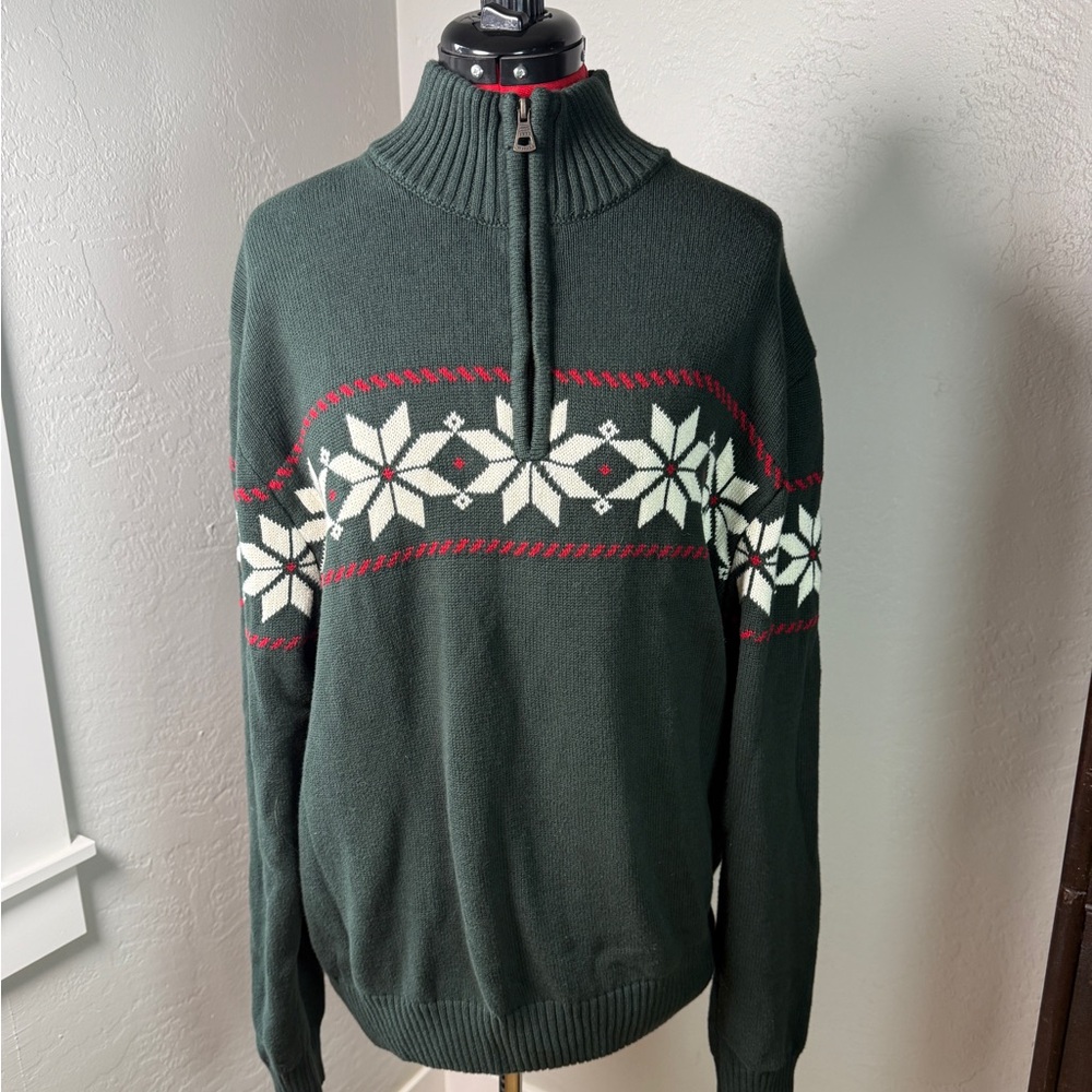 Unisex Weatherproof Vintage Holiday Green Fair Isle Sweater Cotton Size L